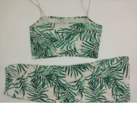 Summer suit with leaf print: top and skirt