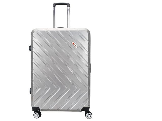 The suitcase on wheels is grey The suitcase on wheels is grey
