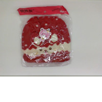 Children's red warm hat with a picture of a hare