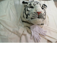 Party Costume White Tiger, Tiger Head Plush, White Pants, White Jacket, White Gloves, White Button Down Shirt