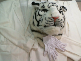 Party Costume White Tiger, Tiger Head Plush, White Pants, White Jacket, White Gloves, White Button Down Shirt