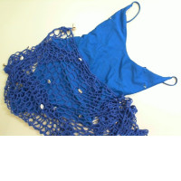 Blue one-piece swimsuit + mesh cape decorated with shells