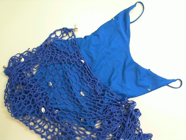 Blue one-piece swimsuit + mesh cape decorated with shells Blue one-piece swimsuit + mesh cape decorated with shells