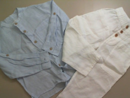 Children's clothing set, blue button-down shirt + white pants