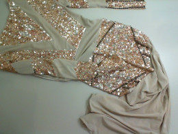 Evening dress, long, decorated with sequins, beige, copron