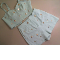 Set of women's turquoise top + shorts decorated with shells Set of women's turquoise top + shorts decorated with shells