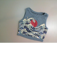 Women's short top, gray, with a sea pattern