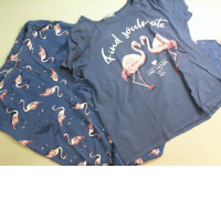 Women's pajamas, blue with flamingos, pants + T-shirt