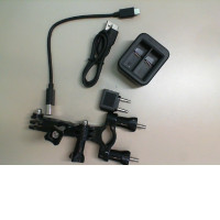 Set for GoPro camera. Battery charging adapter + 2 cables, camera clamp