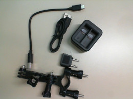 Set for GoPro camera. Battery charging adapter + 2 cables, camera clamp
