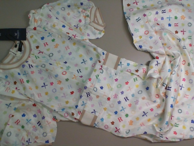 Dress, long, white with multi-colored patterns Dress, long, white with multi-colored patterns