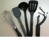 Set of kitchen utensils, 2 spatulas + 1 ladle + 1 metal whisk + 1 bottle opener + paring knife
