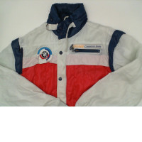 White coat with blue and red stripes