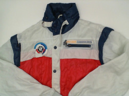 White coat with blue and red stripes