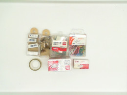 Set of office supplies: eraser, staples, paper clips, tape