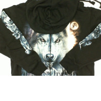SUPER GLOW Black hooded jacket with 3 light blue wolves pattern Size L
