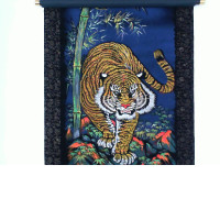 Black scroll image of a male tiger in the forest