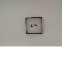 Gold earrings with black pattern in a blue box