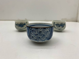 Set of 3 Small Japanese glass teacup with fish pattern 