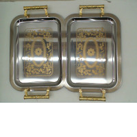 Set of 2 Silver food tray with gold pattern 