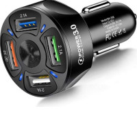 Amiss QC3.0 Car Charger Adapter, 4 Ports USB Car Charger, Fast Charging Electronic Devices with USB Interface, Car Interior Accessories, Compatible with Apple, Android - Black 