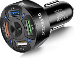 Amiss QC3.0 Car Charger Adapter, 4 Ports USB Car Charger, Fast Charging Electronic Devices with USB Interface, Car Interior Accessories, Compatible with Apple, Android - Black 