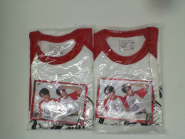 Set of 2  White round neck t-shirt with blue stripes and black pattern 