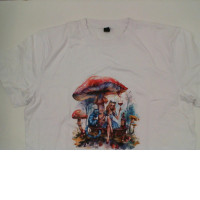 White round neck t-shirt with blue and black pattern 