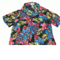 Black shirt with colorful leaf pattern 