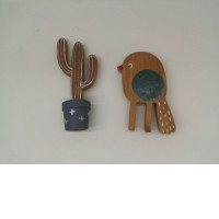 Set of 2 Cactus and bird wooden toy 