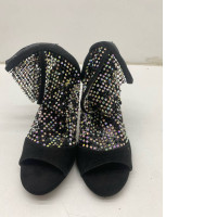 Black mesh open toe high heel boots with glitter