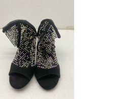 Black mesh open toe high heel boots with glitter