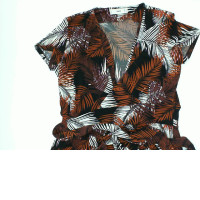 Women's V-neck sleeveless red long dress with white stripes and leaf pattern 