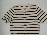 White short sleeve round neck button-up shirt with black stripes