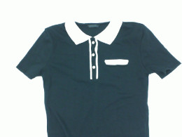 Women's black button-down collar shirt with white stripes 