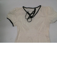 Women's short dress, V-neck, white, black stripes 