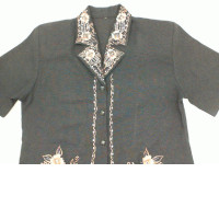 Dark grey short sleeve shirt with white and gold pattern Dark grey short sleeve shirt with white and gold pattern