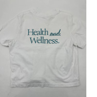 White women's t-shirt with HEALTH AND WELLNES print