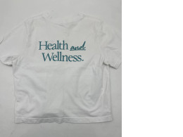 White women's t-shirt with HEALTH AND WELLNES print