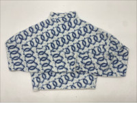 Women's long-sleeved round neck sweater in white with blue pattern 