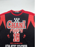 Black round neck sports t-shirt with red stripes