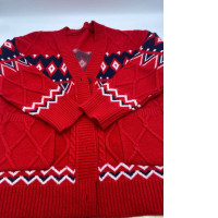 Women's red and blue pattern knitted cardigan 