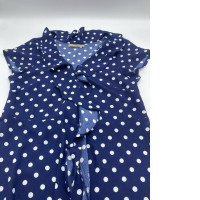 Women's short-sleeved V-neck long dress with white polka dots in blue 