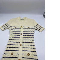 Women's short-sleeved cream-colored, black-striped, collared long dress 