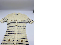 Women's short-sleeved cream-colored, black-striped, collared long dress Women's short-sleeved cream-colored, black-striped, collared long dress