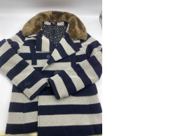 Blue button-down sweater with cream stripes 