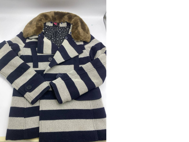 Blue button-down sweater with cream stripes Blue button-down sweater with cream stripes