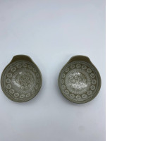 Set of 2 Green Japanese soup bowl with white pattern 