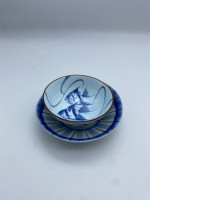 Set of 2 Japanese soup bowl with Japanese saucer, white, blue pattern 