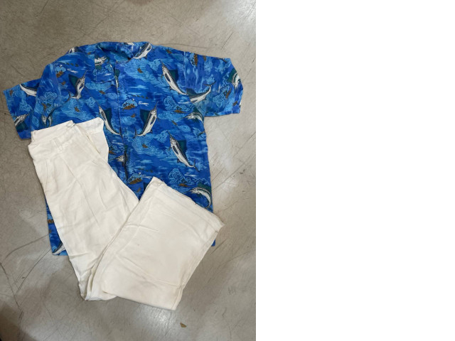 Summer suit: shortsleeved shirt and white pants Summer suit: shortsleeved shirt and white pants